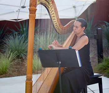 Photo of Aja playing harp